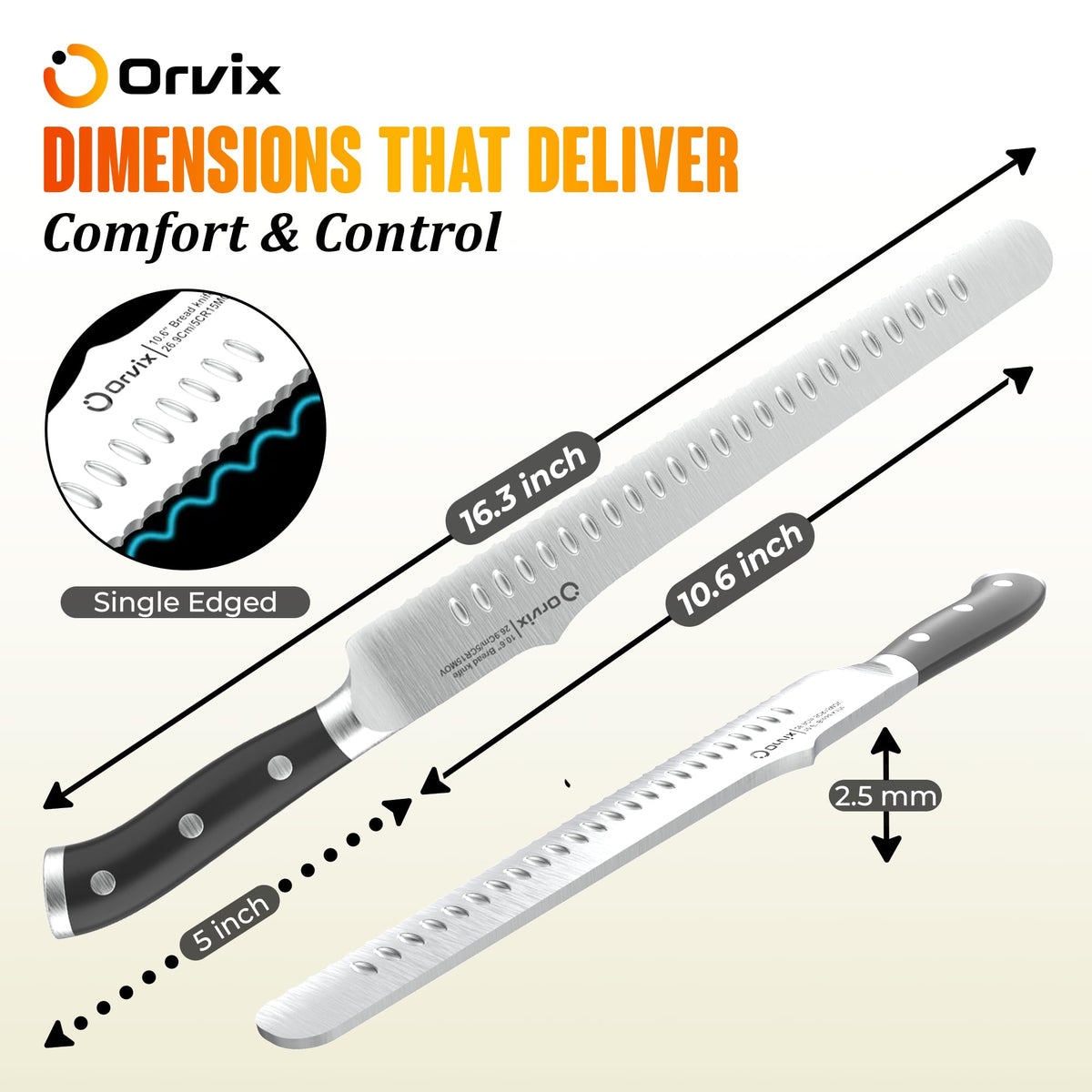 ORVIX bread knife full-tang ergonomic handle for balanced, comfortable slicing.