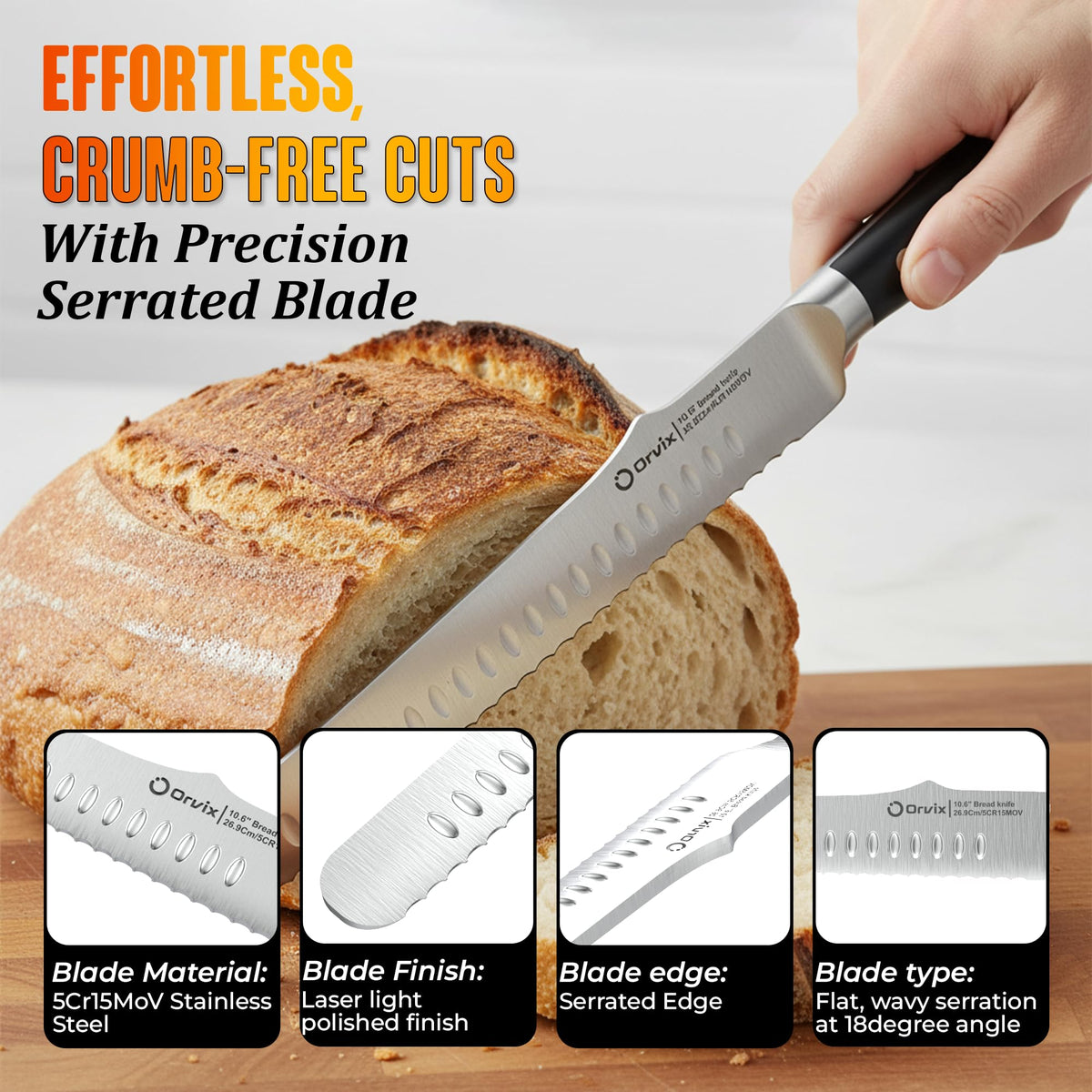 ORVIX bread knife pakka-wood-handle adds secure grip and premium feel.
