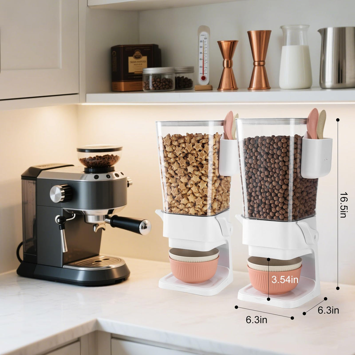 Osacoe wheat-straw bowls and spoons accompany each dispenser for a tidy table.