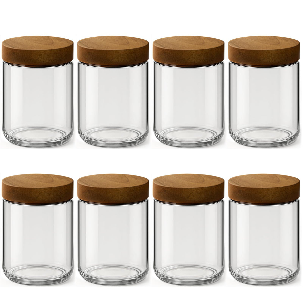 Osfel 8-pack glass jars with acacia lids shown stacked for organized meal prep