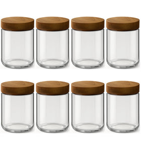 Osfel 8-pack glass jars with acacia lids shown stacked for organized meal prep