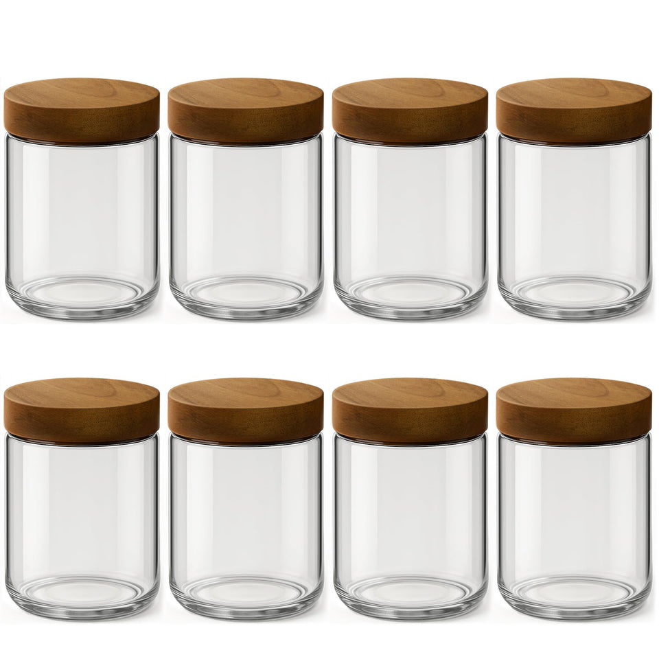 Osfel 8-pack glass jars with acacia lids shown stacked for organized meal prep