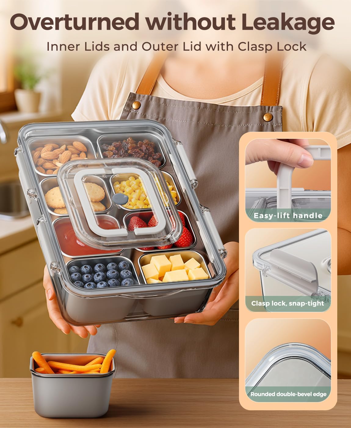 Osfel Snackle Box stainless steel dividers resist staining and flavor transfer