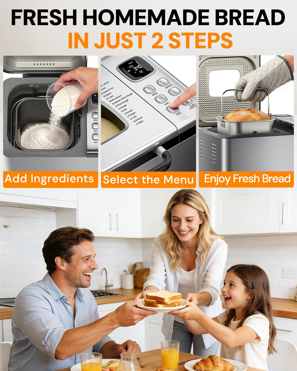 OSIPOTO bread maker control panel displaying 17 programs for versatile baking.