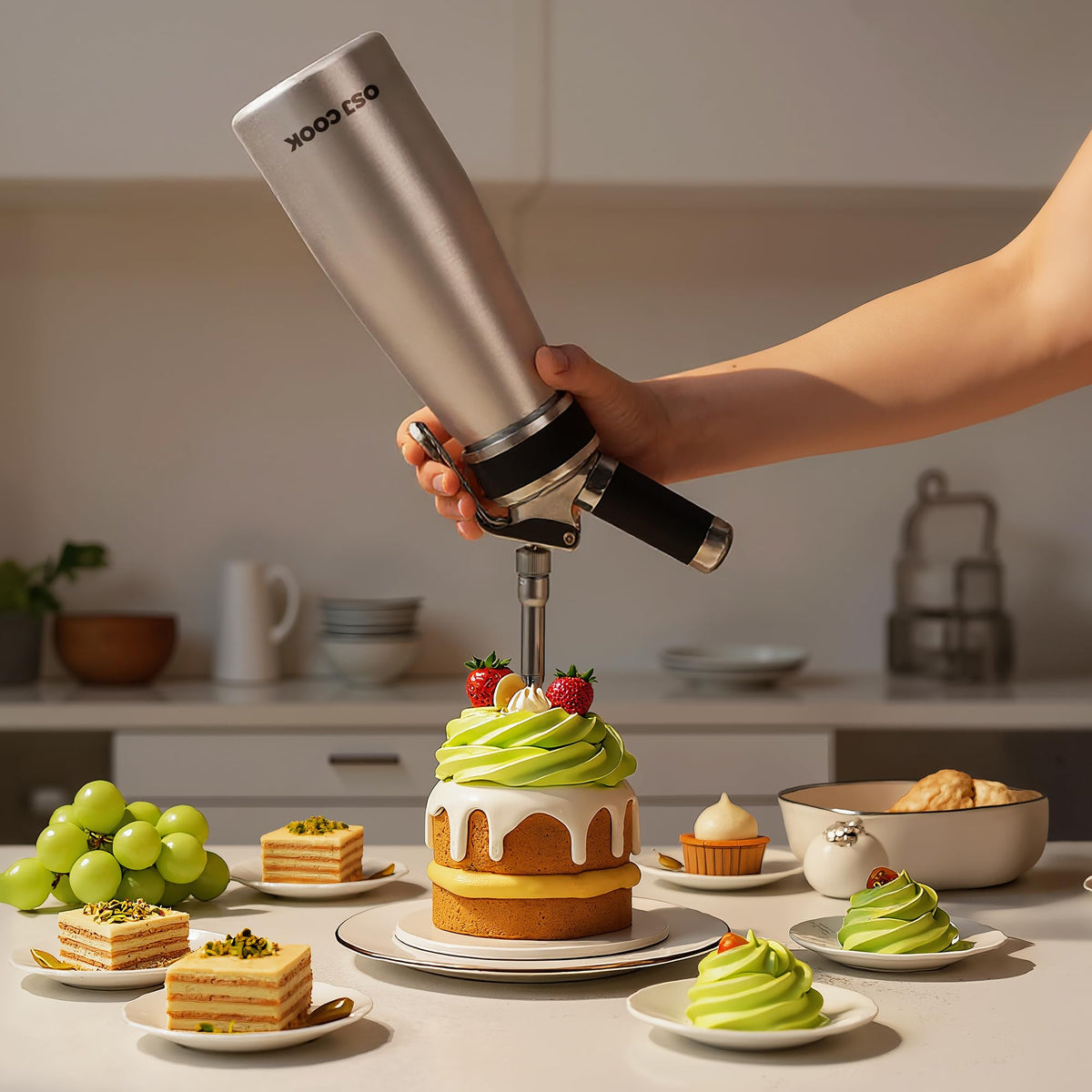 OSJ COOK dispensing cream on a dessert for smooth texture and even topping