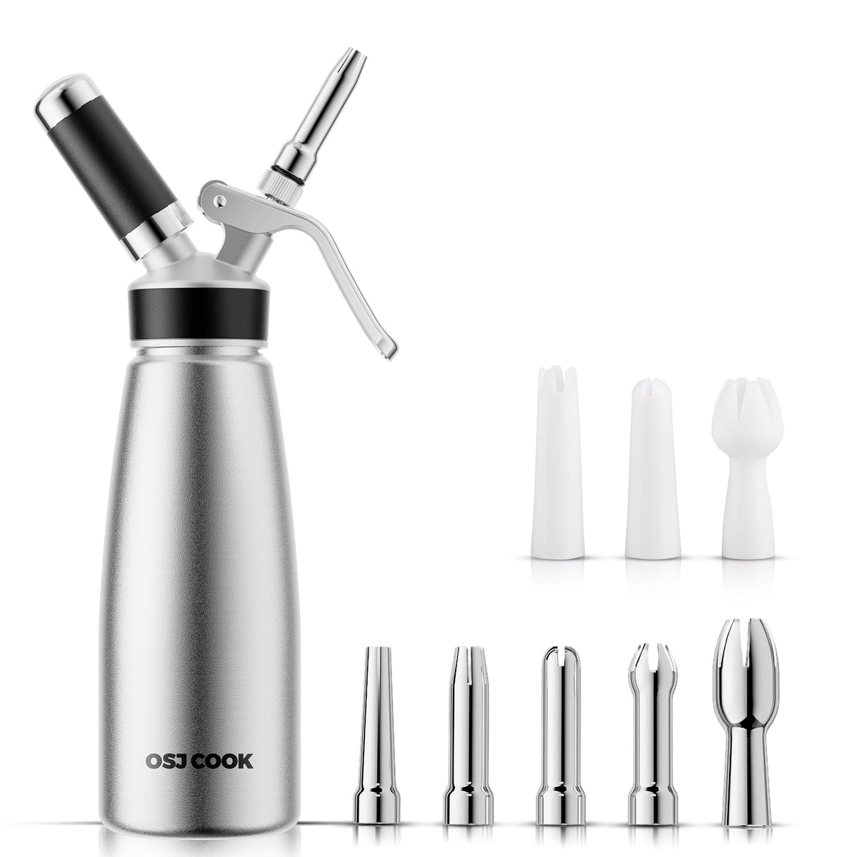 OSJ COOK professional whipped cream dispenser 500ml with durable aluminum body for reliable toppings