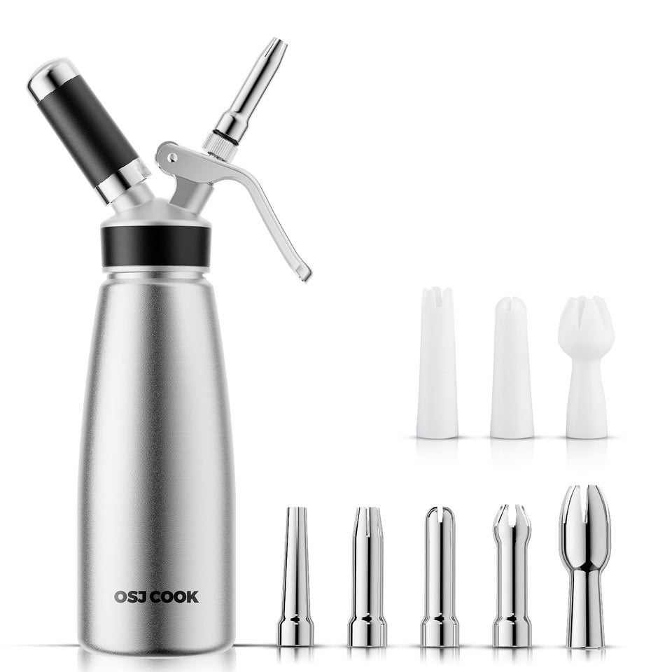 OSJ COOK professional whipped cream dispenser 500ml with durable aluminum body for reliable toppings