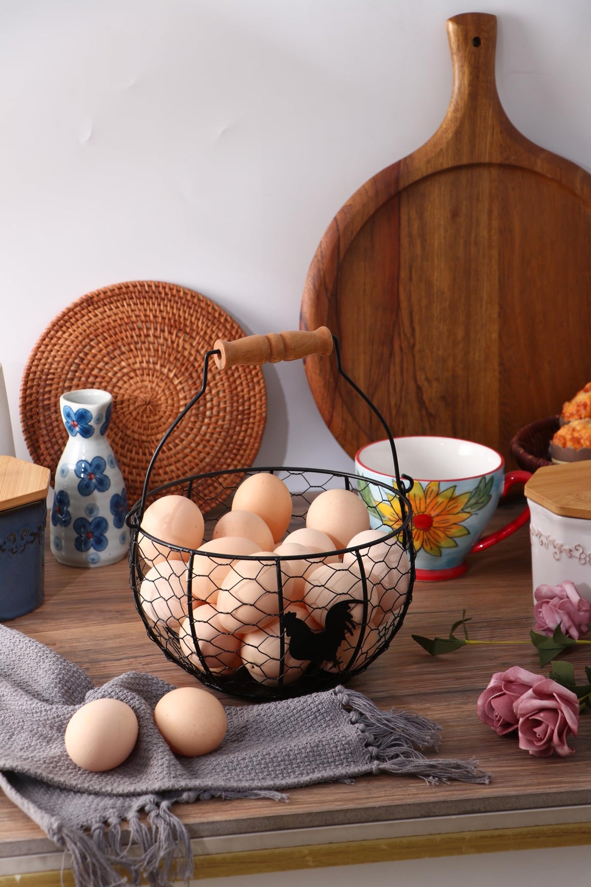 Oskas Egg Basket Rustic Wire Decor for dining room display.