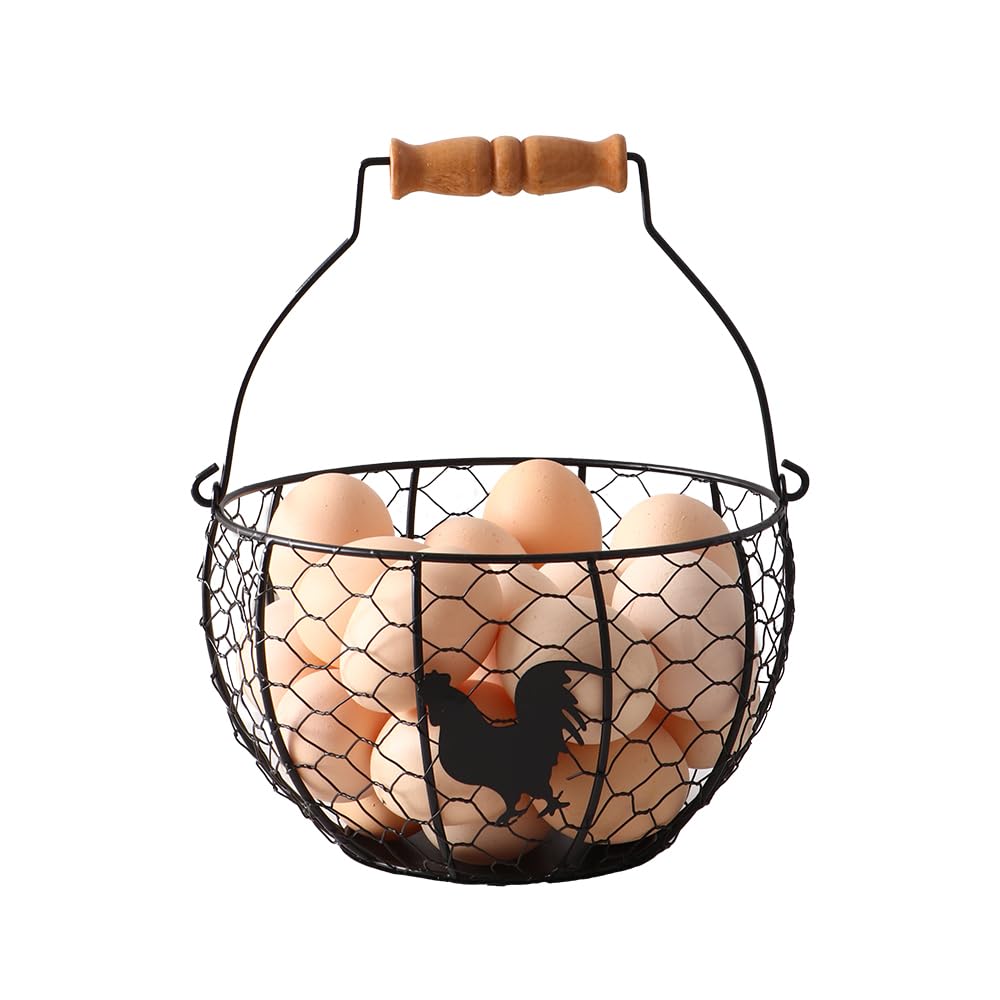 Oskas Fresh Eggs Collecting Basket with Handle on the counter keeps eggs organized and accessible.