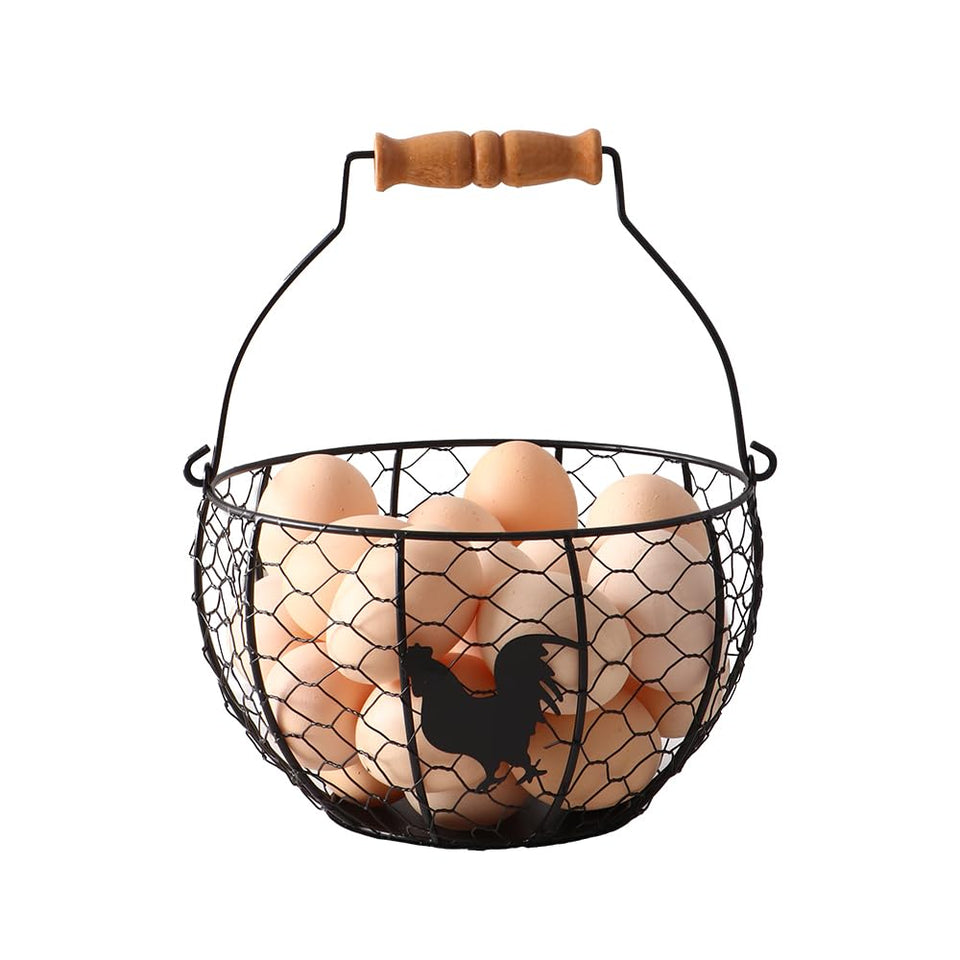 Oskas Fresh Eggs Collecting Basket with Handle on the counter keeps eggs organized and accessible.
