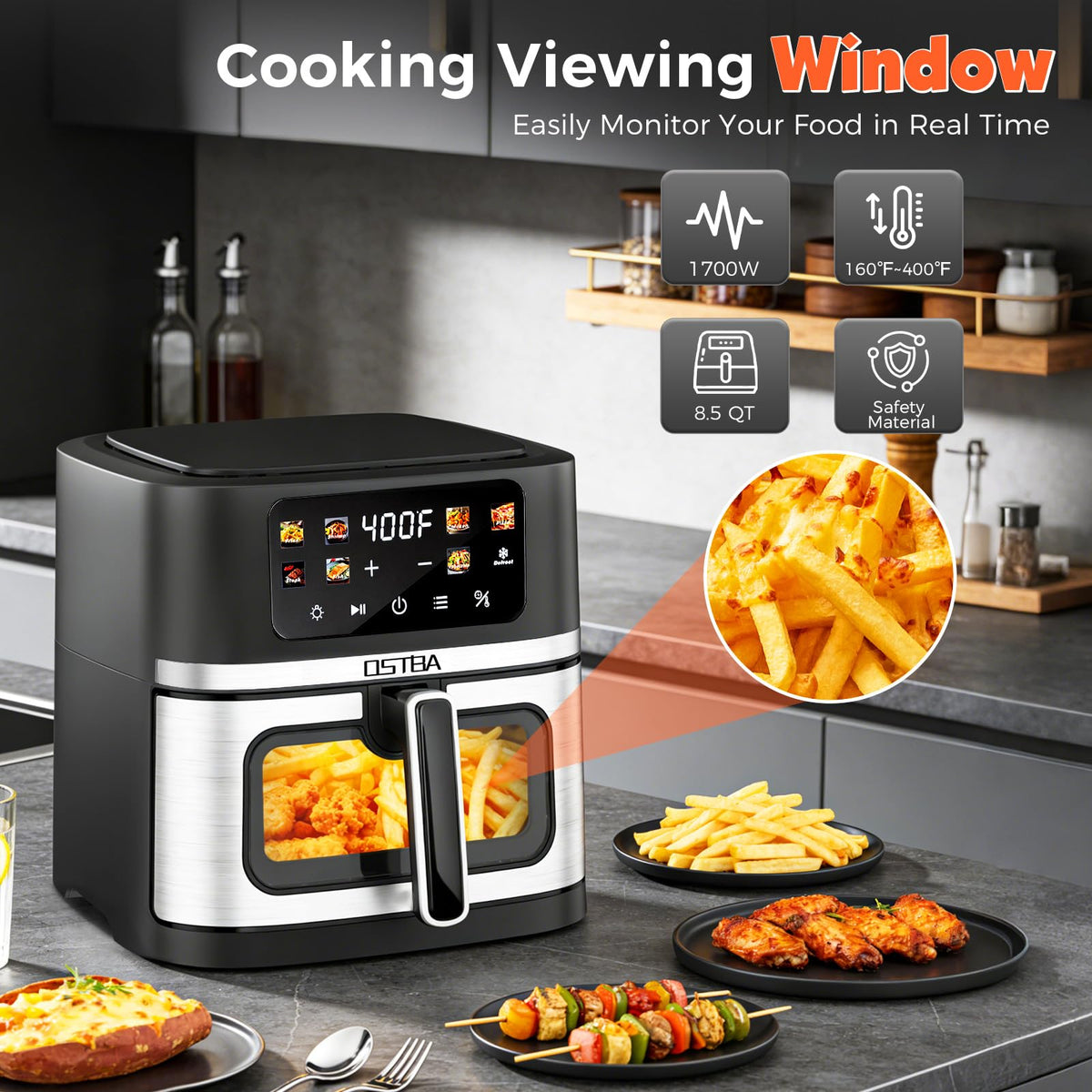 OSTBA 8.5QT air fryer featuring 8 presets for quick meals.