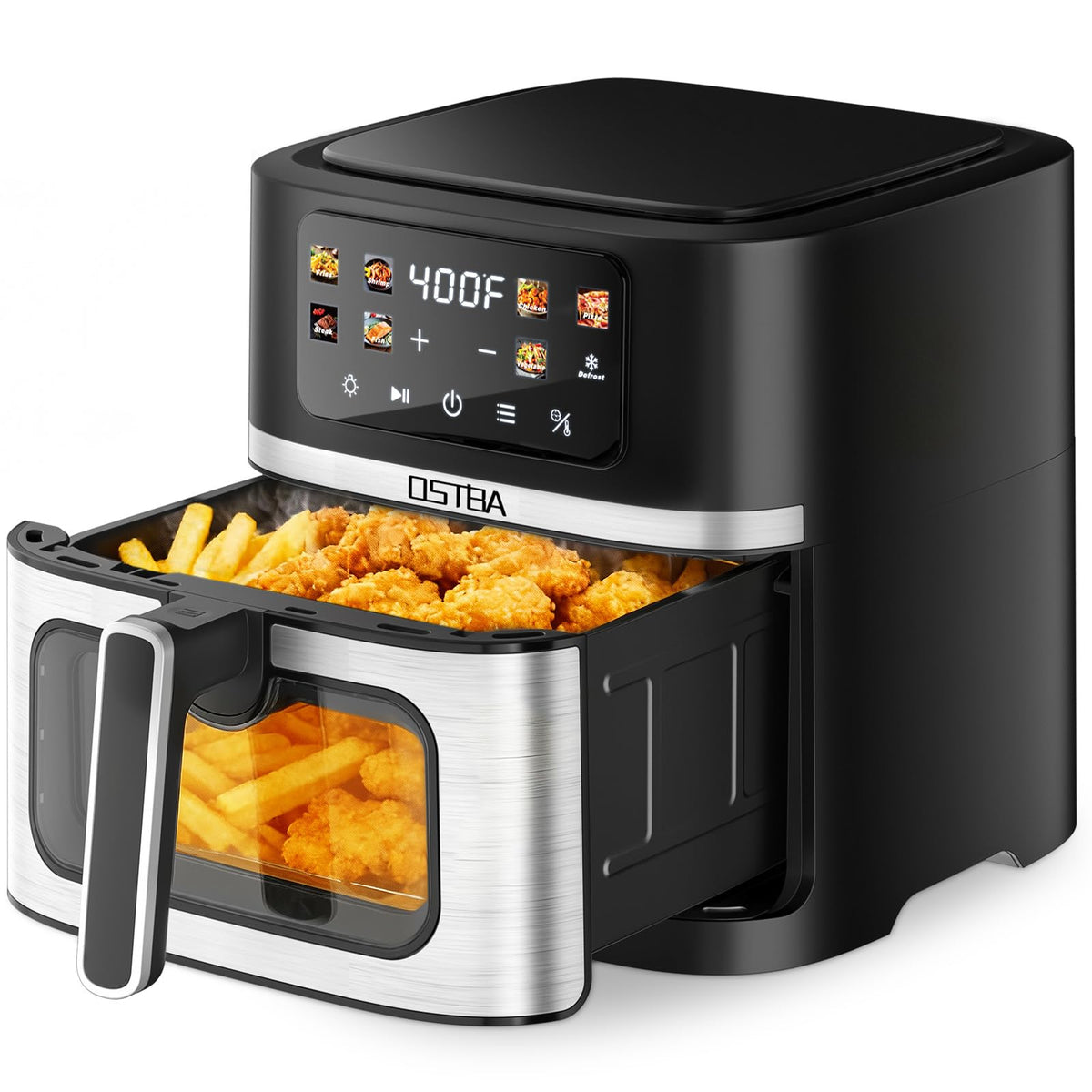 OSTBA 8.5QT air fryer with visible window for real-time crisping checks.