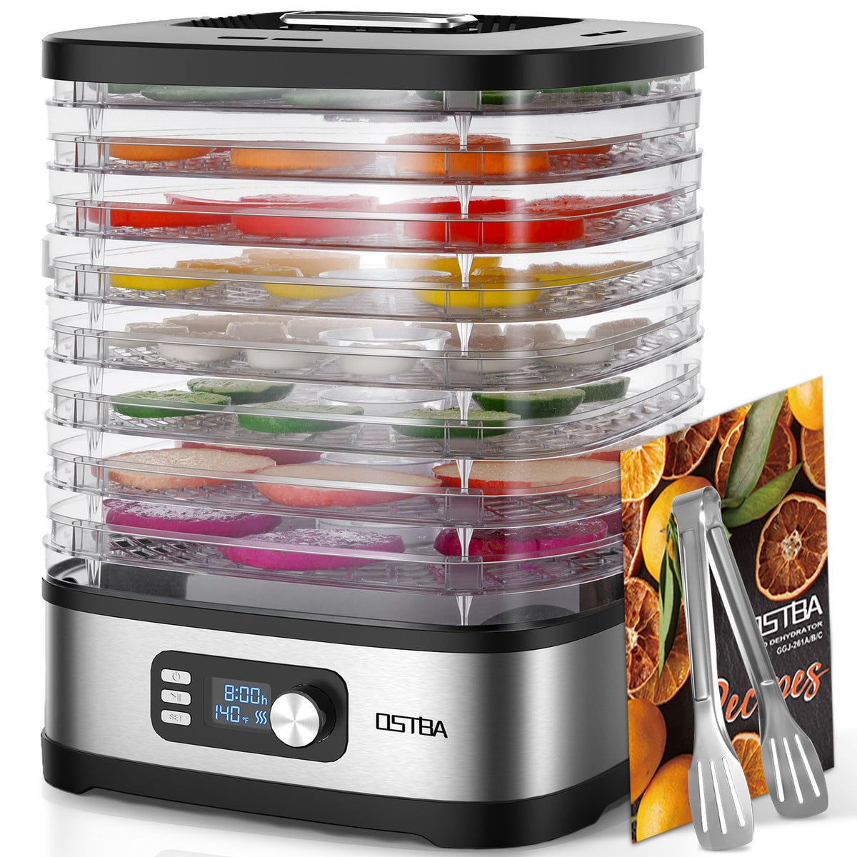 OSTBA 8-Tray Dehydrator front view showing spacious stackable trays for versatile drying