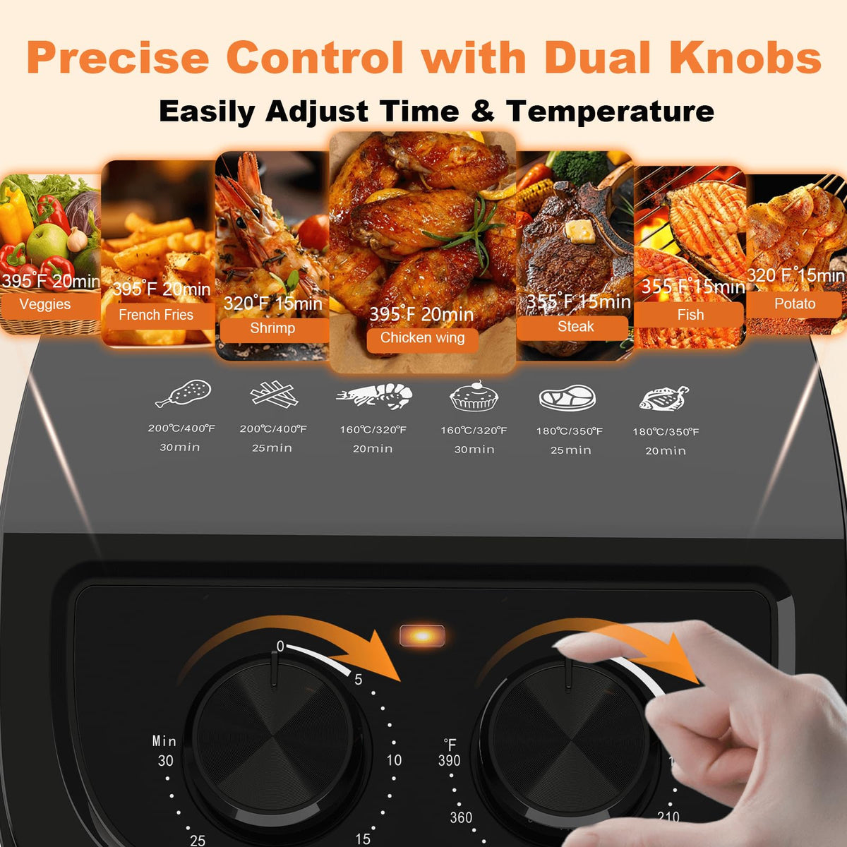 OSTBA air fryer six-menu panel for quick, guided cooking options.