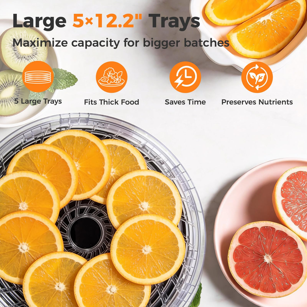 OSTBA dishwasher-safe trays simplify cleaning after fruit and herb drying.