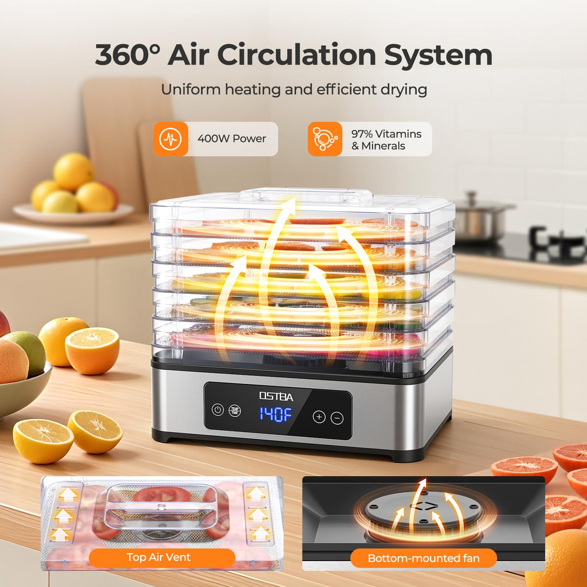 OSTBA dehydrator embedded stainless steel trays provide rust-resistant drying surfaces