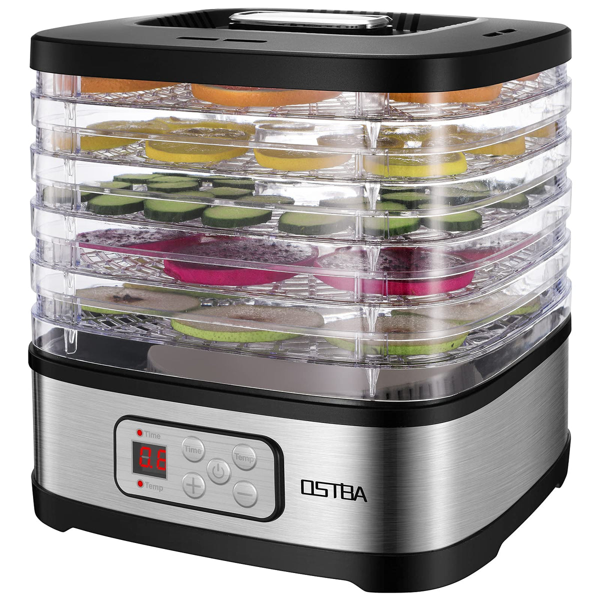 OSTBA food dehydrator front view showing compact footprint for small kitchens