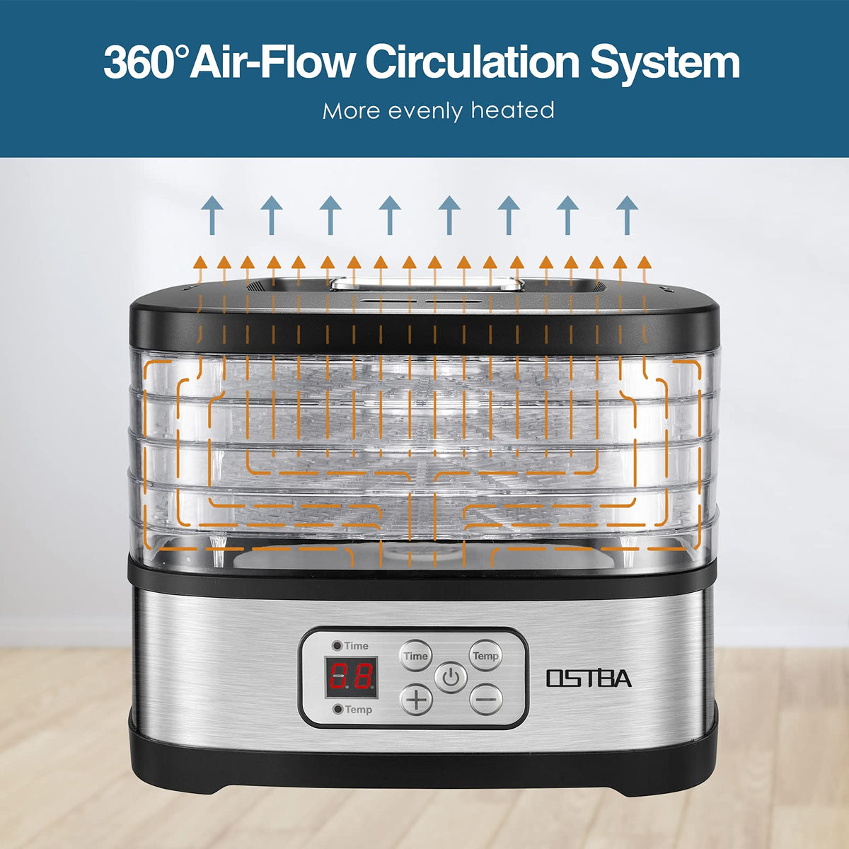 OSTBA dehydrator with stacked trays demonstrates efficient countertop organization