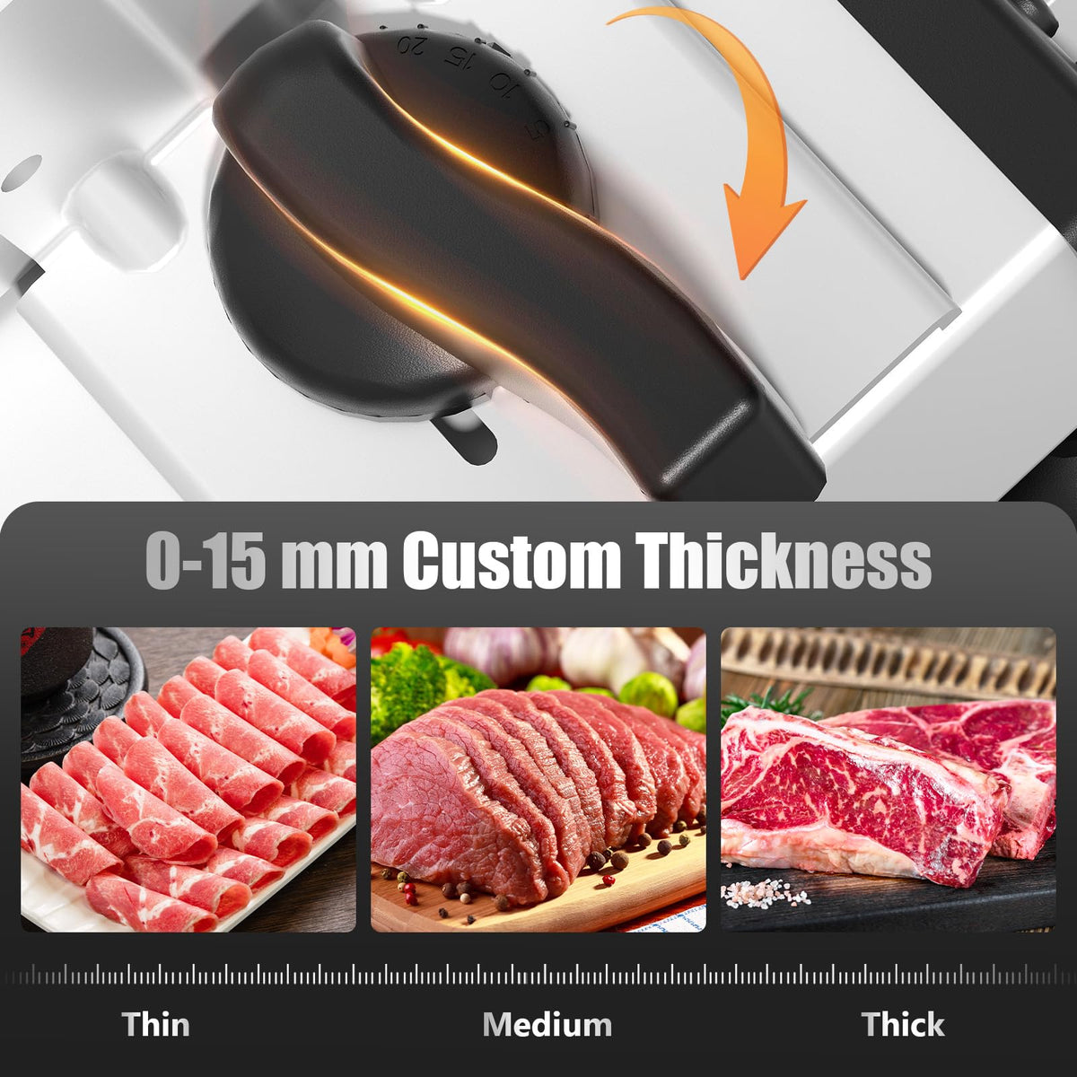 OSTBA slicer offers 0-15 mm thickness adjustment for precise slices.