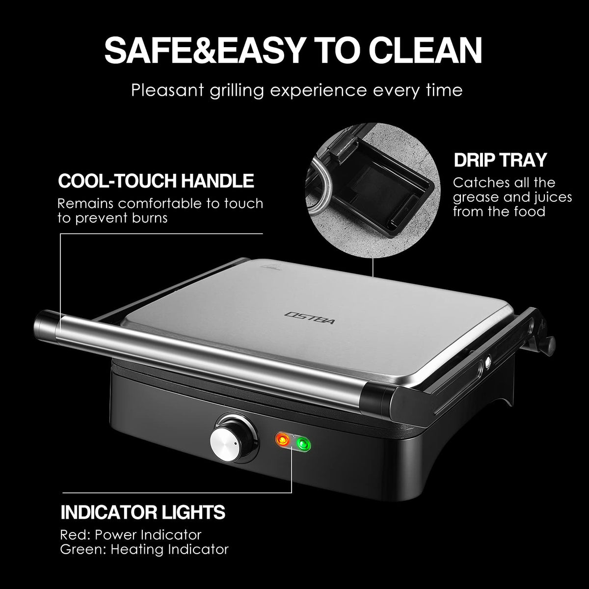 OSTBA Panini Press cool-touch handle; safe, comfortable handling during daily use.