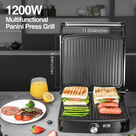 OSTBA Panini Press open 180 degrees; versatile grilling for sandwiches and beyond.