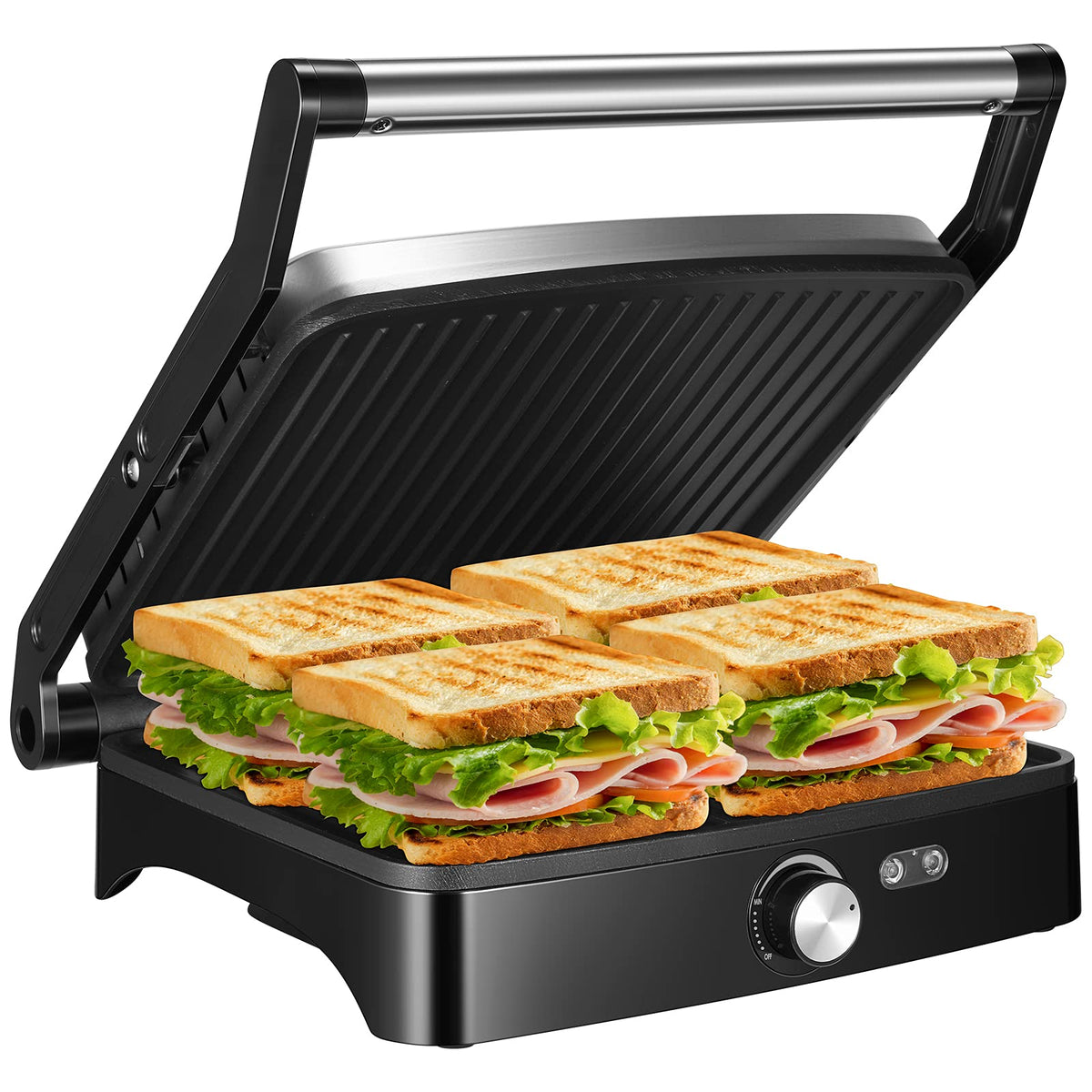 OSTBA Panini Press plates close-up; non-stick surface for easy release and browning.