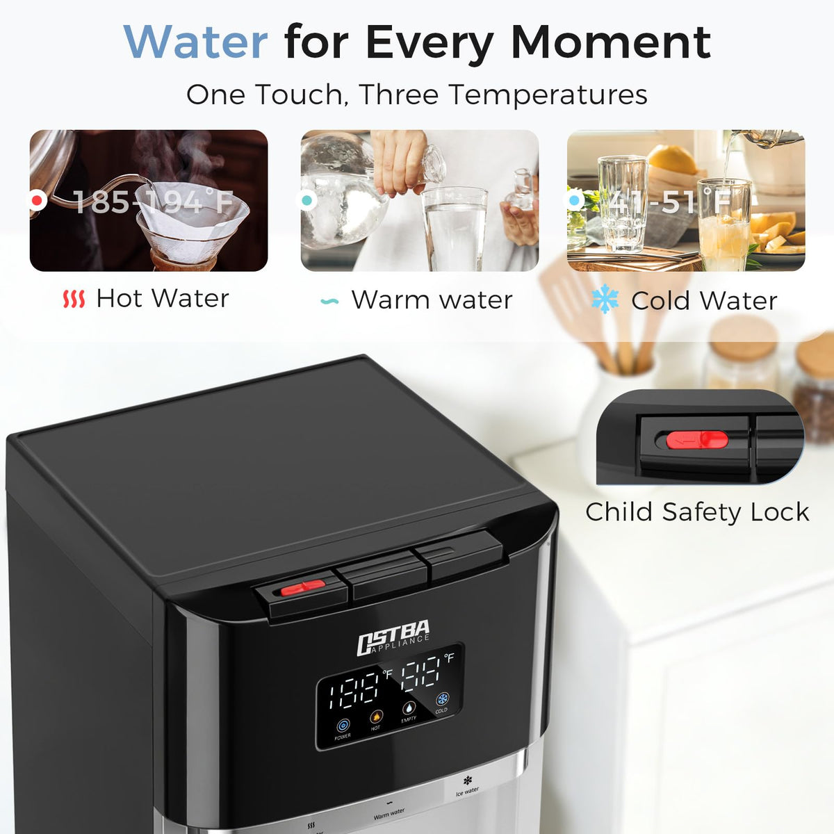 OSTBA stainless steel tank preserves pure taste and prevents plastic smells.