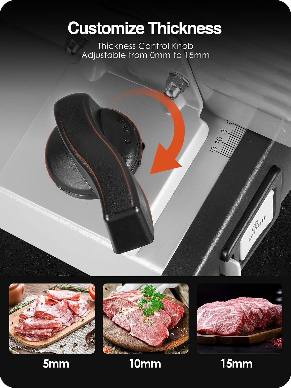 Adjustable thickness dial enabling ultra-thin to 15 mm slices.