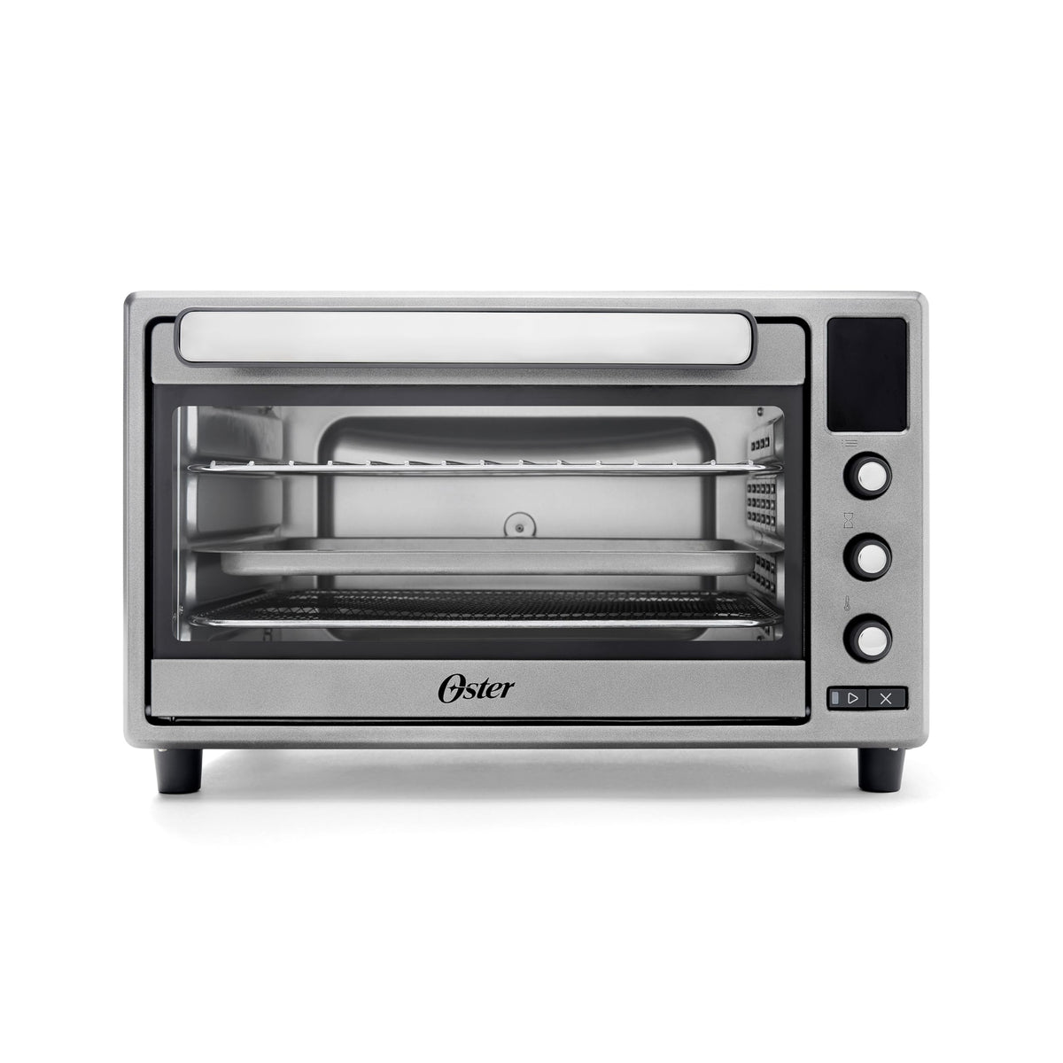 Oster 10 Function Air Fryer Oven front view shows compact countertop design for versatile meals.