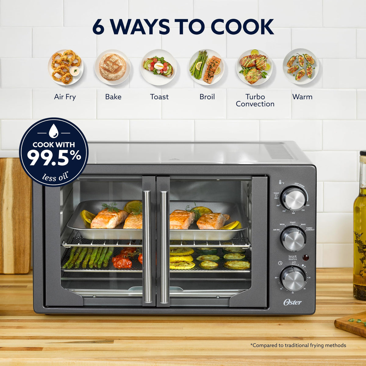 Oster baking pan and crumb tray included for easy cleanup