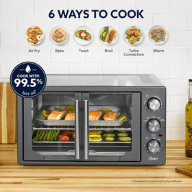 Oster baking pan and crumb tray included for easy cleanup