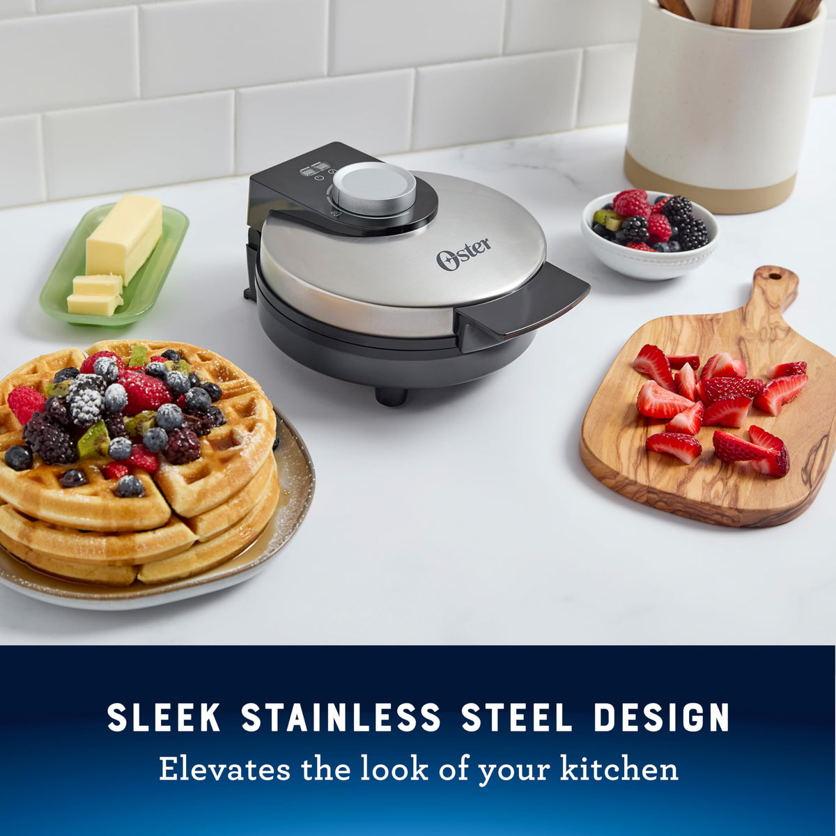 Oster Belgian waffle 8-inch fluffy waffles with extra-deep pockets for toppings.