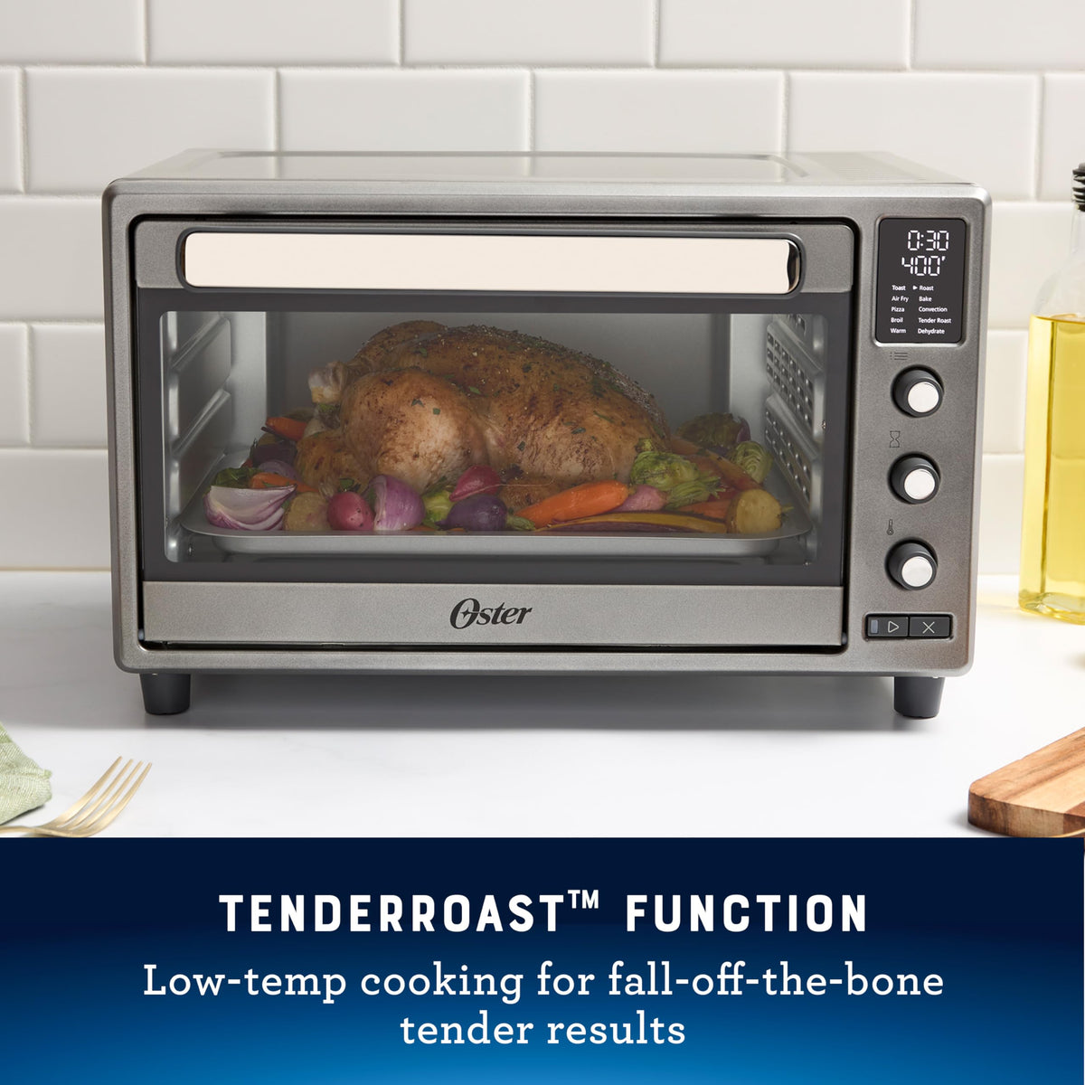 Oster compact 26 qt capacity supports a 12-inch pizza on the counter.