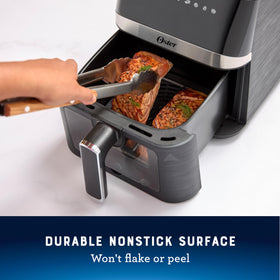 Oster Compact Air Fryer 60-minute timer with audible alert signals doneness.