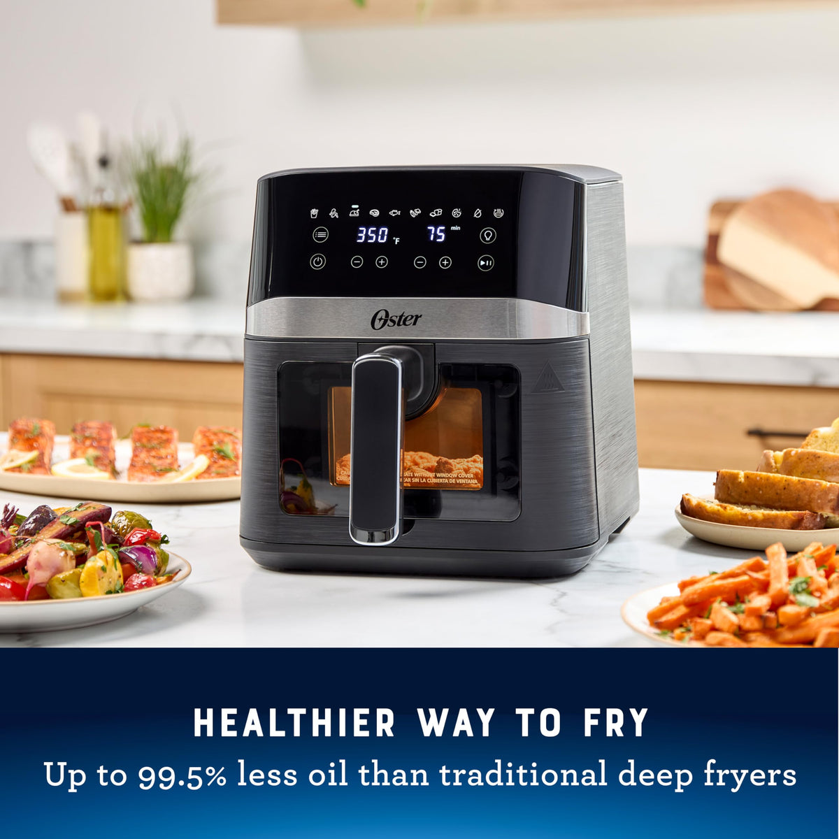 Oster Compact Air Fryer interior light enhances visibility during cooking.