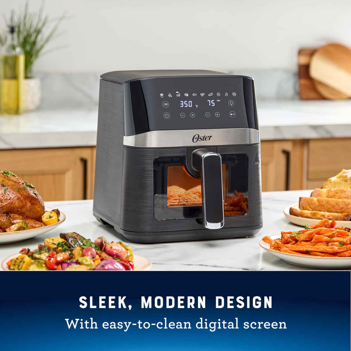 Oster Compact Air Fryer nonstick coating ensures easy release and cleaning.