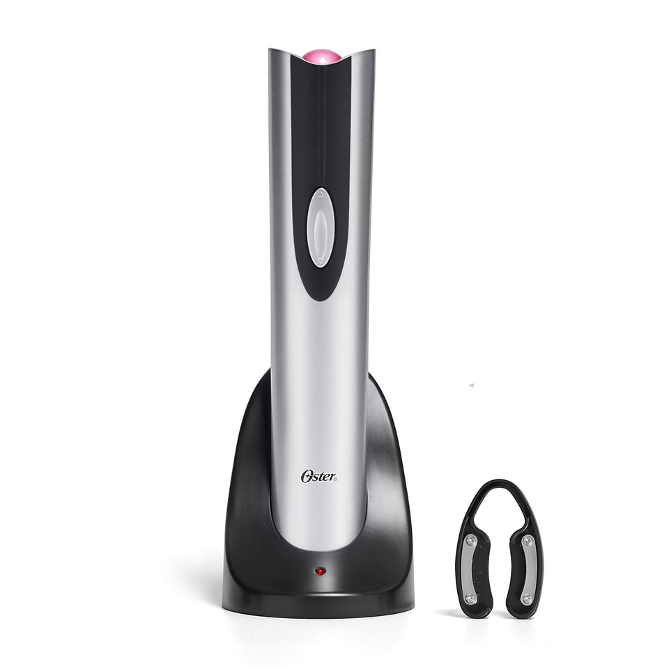 Oster cordless wine bottle opener in silver ready to uncork quickly