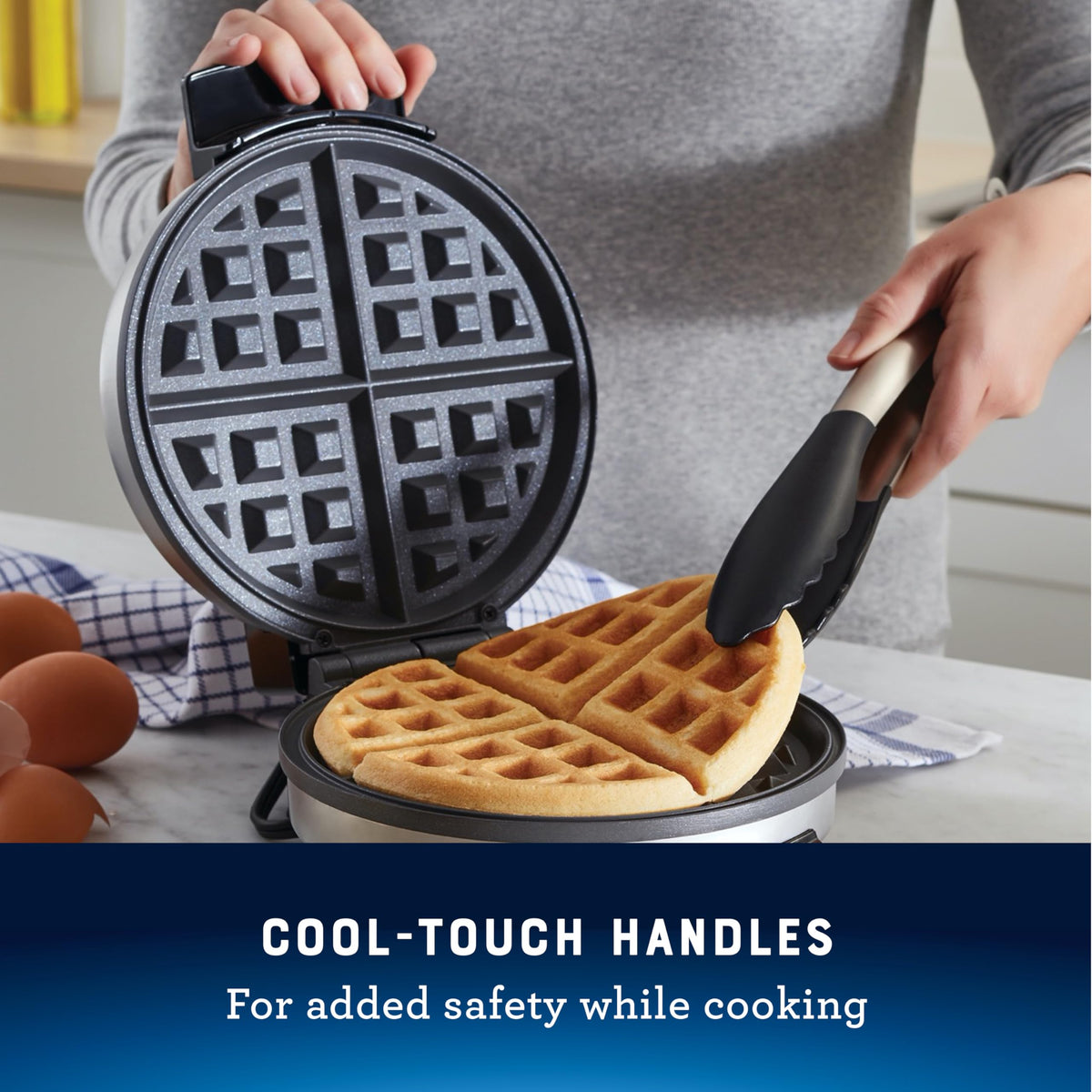 Oster extra-deep waffle pockets hold syrup and toppings.