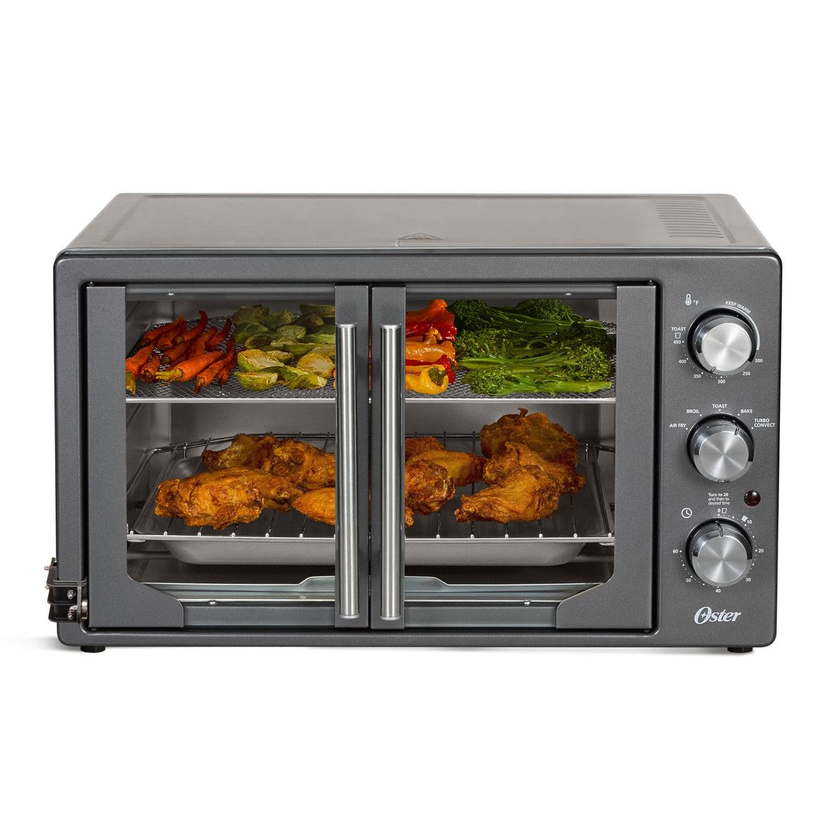 Oster extra-large 42L French door oven with open doors for easy loading and unloading