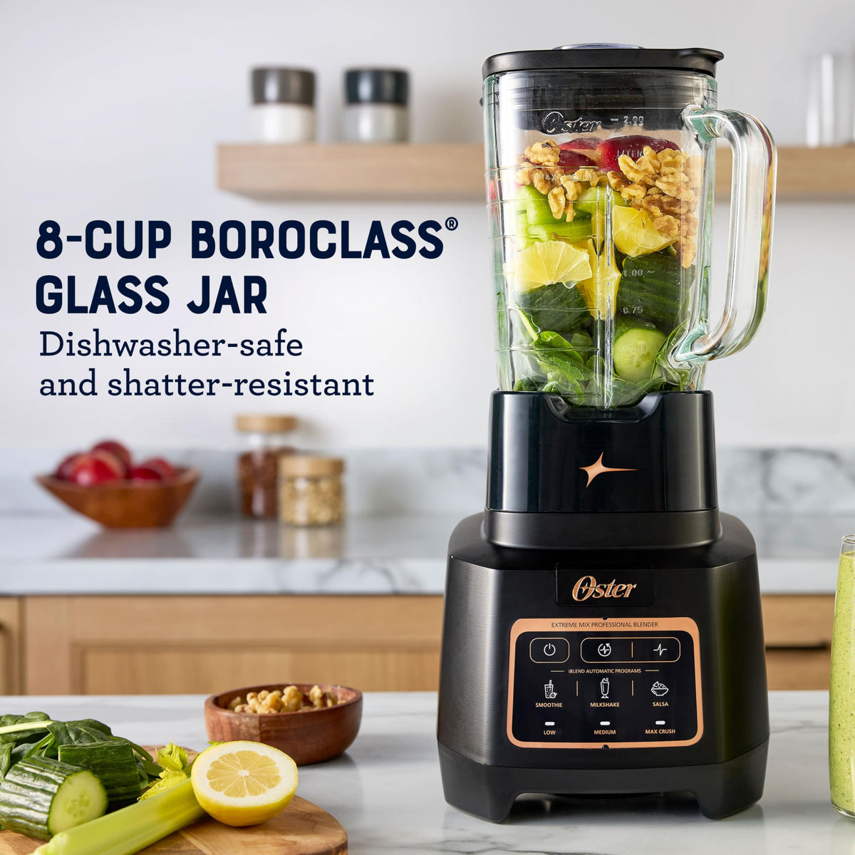 Oster Extreme Mix Blender shows the 1600W motor powering smooth blends and ice crushing.