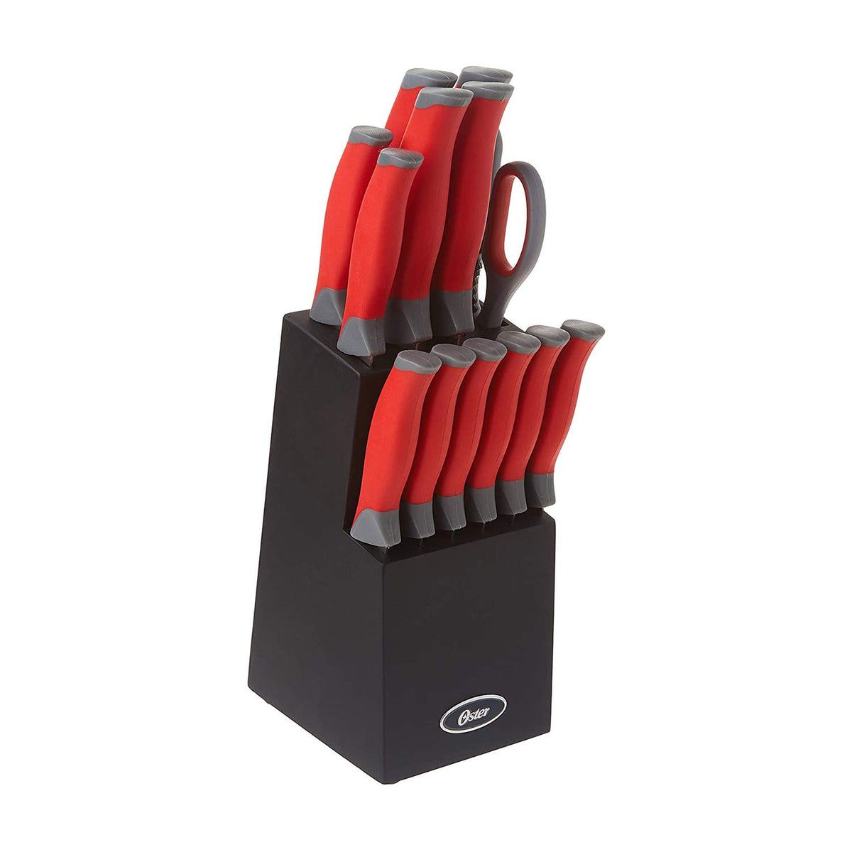 Oster Lindbergh 14-piece red cutlery set on swivel block for easy access