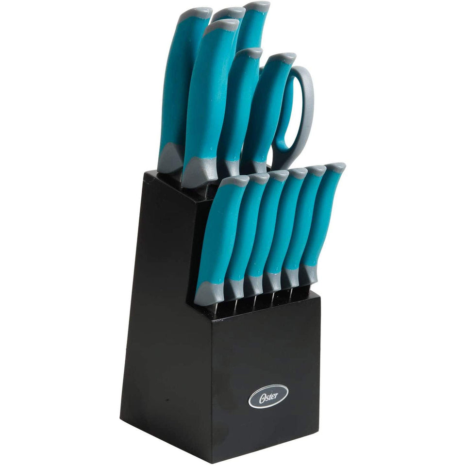 Oster Lindbergh 14-piece teal cutlery set in black block for organized prep.