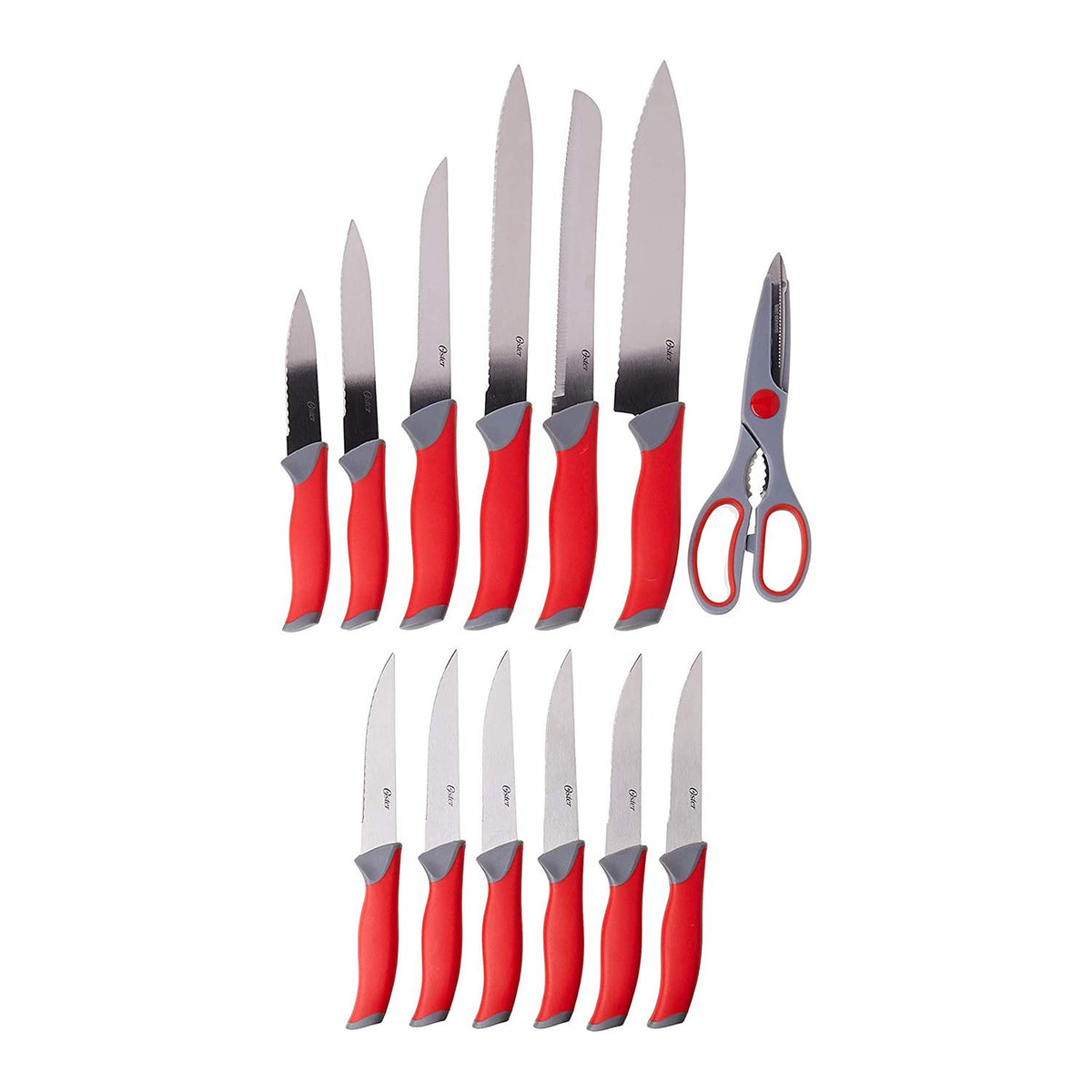 Oster Lindbergh 7.5-inch bread knife with red handle for clean, even slices