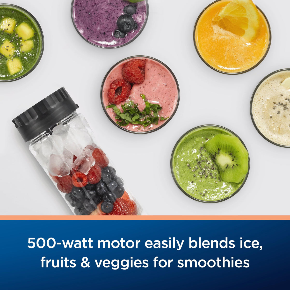 Oster MyBlend Plus 500W motor powers smooth blends and ice crushing.