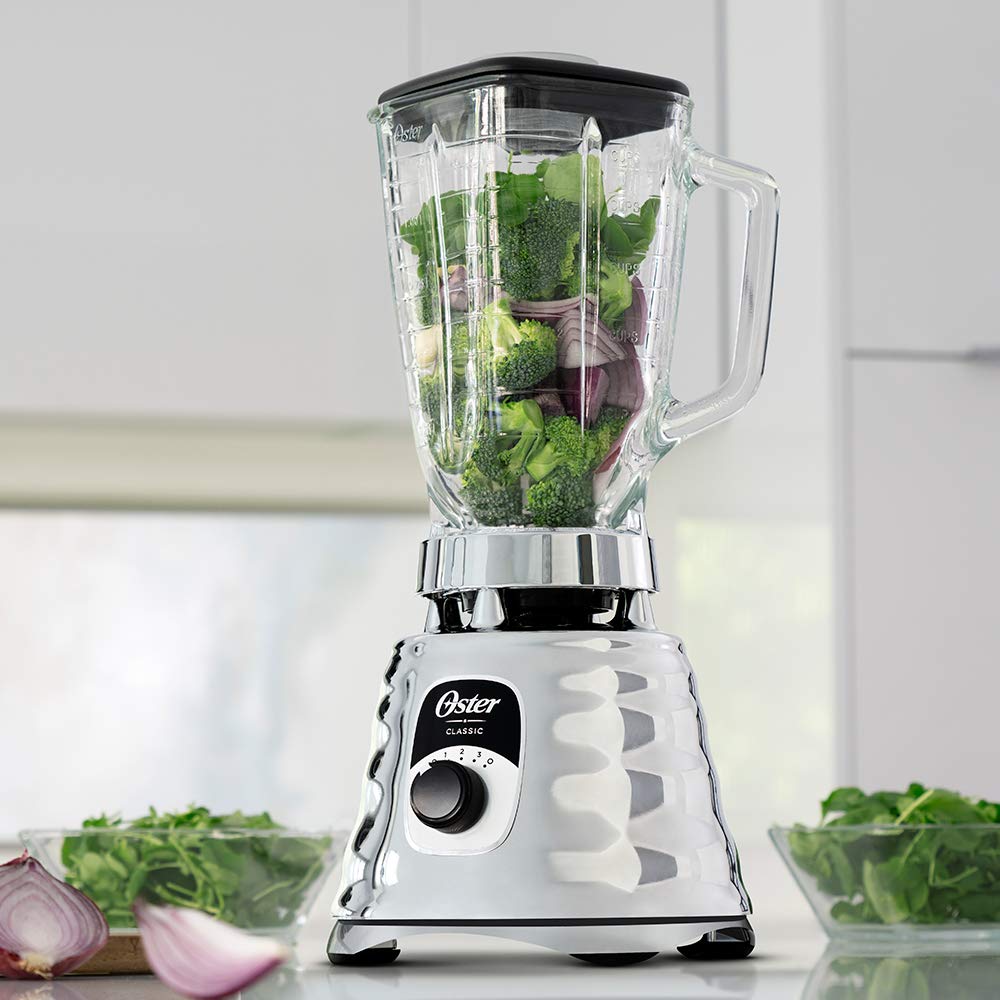 Oster Original 3-Speed Chrome Blender five-cup glass jar keeps blends clear and heat-safe.