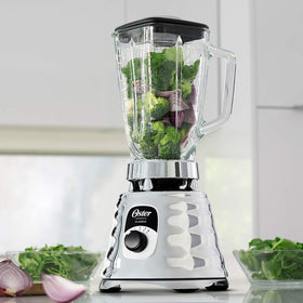 Oster Original 3-Speed Chrome Blender five-cup glass jar keeps blends clear and heat-safe.