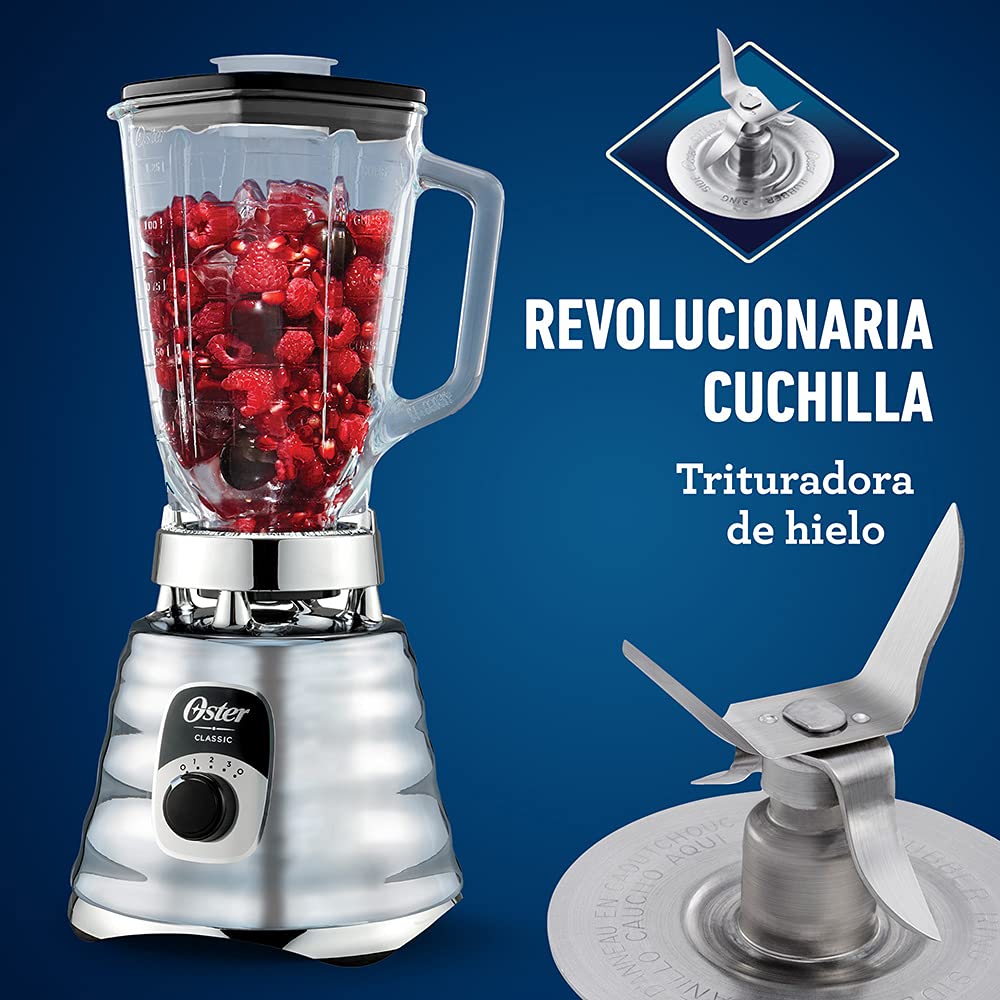 Oster Original 3-Speed Chrome Blender heat-resistant glass jar supports hot ingredients safely.