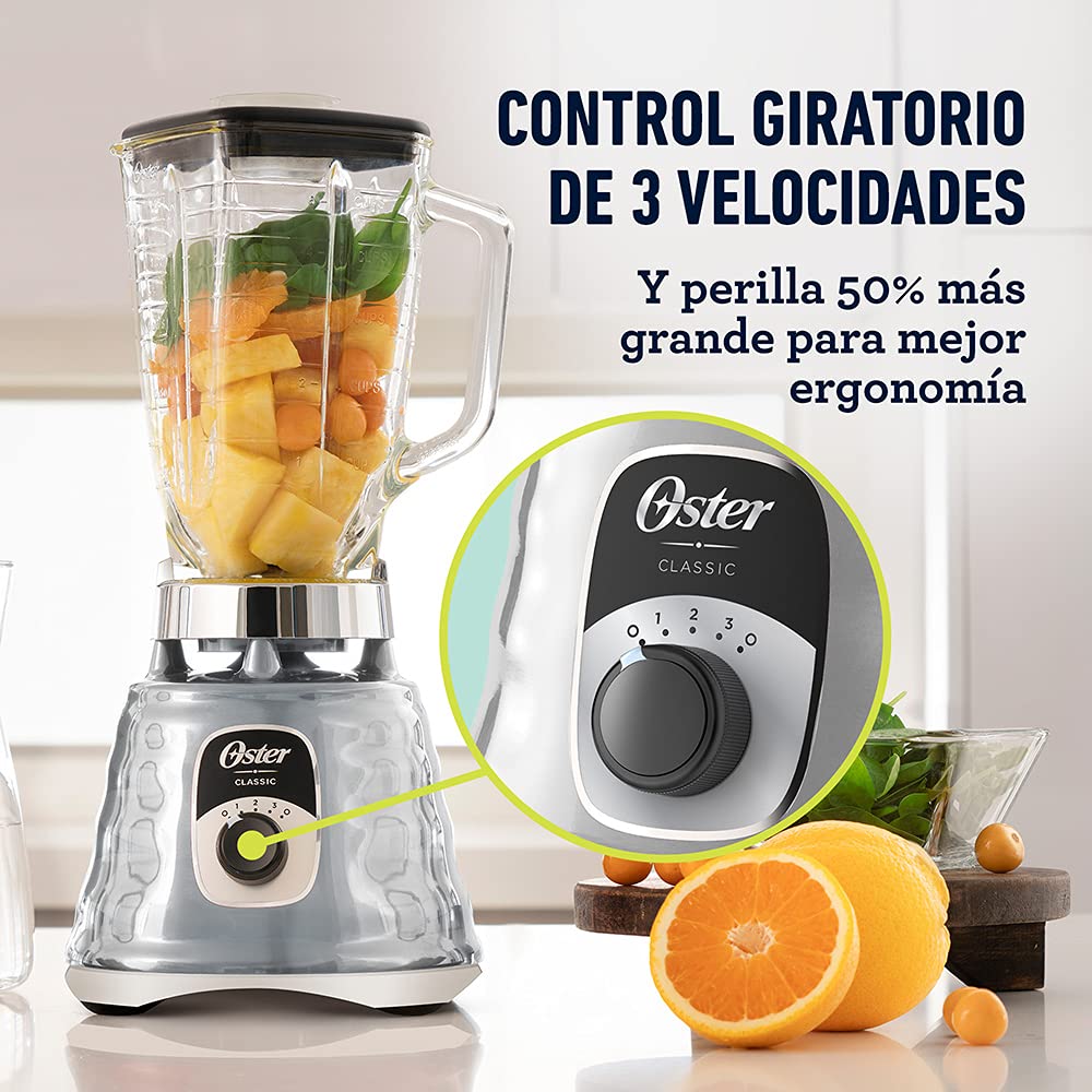 Oster Original 3-Speed Chrome Blender secure lid and ergonomic design for confident blending.