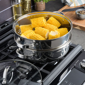Oster Sangerfield stainless steel pan handle close-up highlighting secure grip