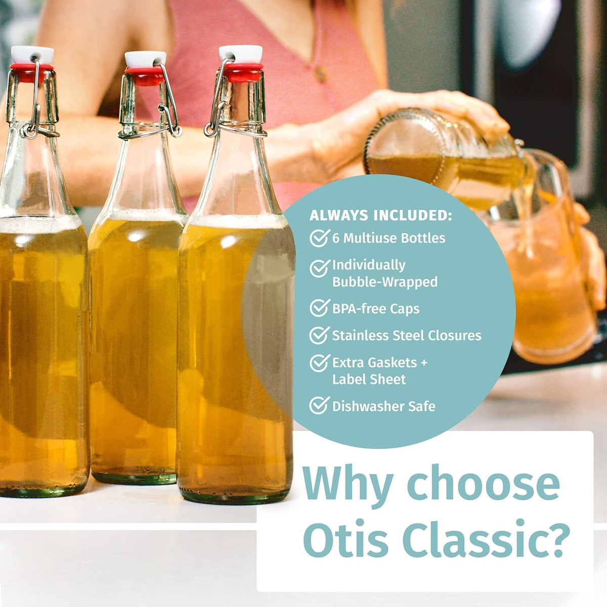 Otis Classic dishwasher-safe glass bottles simplify cleanup after brewing.